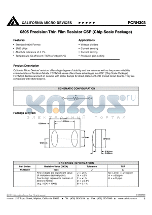 FCRN303 datasheet - 0805 PRECISION THIN FILM RESISTOR CSP (CHIP SCALE PACKAGE)