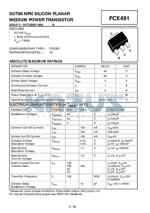FCX491 datasheet - NPN SILICON PLANAR MEDIUM POWER TRANSISTOR