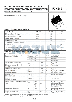 FCX589 datasheet - SOT89 PNP SILICON PLANAR MEDIUM