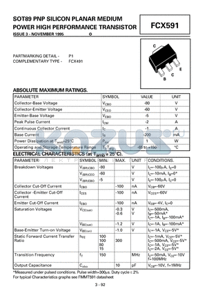 FCX591 datasheet - SOT89 PNP SILICON PLANAR MEDIUM