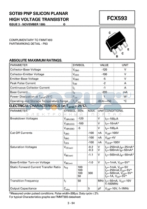 FCX593 datasheet - PNP SILICON PLANAR HIGH VOLTAGE TRANSISTOR