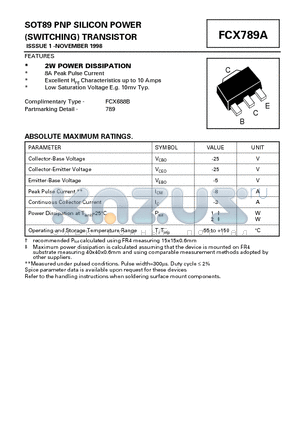 FCX789A datasheet - SOT89 PNP SILICON POWER (SWITCHING) TRANSISTOR