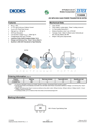 FCX690BTA datasheet - 45V NPN HIGH GAIN POWER TRANSISTOR IN SOT89