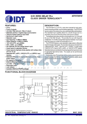 IDT5T2010 datasheet - 2.5V ZERO DELAY PLL CLOCK DRIVER TERACLOCK