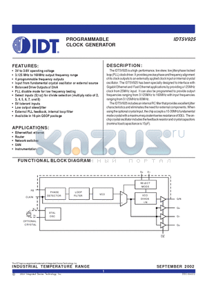 IDT5V925QI datasheet - PROGRAMMABLE CLOCK GENERATOR