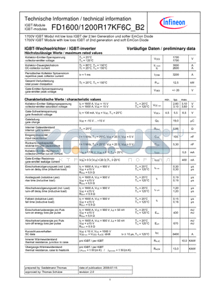 FD1600R17KF6C_B2 datasheet - 1700V IGBT Module with low loss IGBT of 2nd generation and soft EmCon Diode