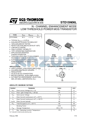 STD15N06L datasheet - N - CHANNEL ENHANCEMENT MODE LOW THRESHOLD POWER MOS TRANSISTOR