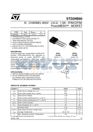 STD2NB80 datasheet - N - CHANNEL 800V - 4.6 ohm - 1.9A - IPAK/DPAK PowerMESH MOSFET