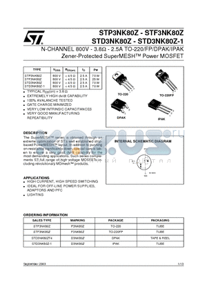 STD3NK80Z datasheet - N-CHANNEL 800V - 3.8W - 2.5A TO-220/FP/DPAK/IPAK Zener-Protected SuperMESH Power MOSFET