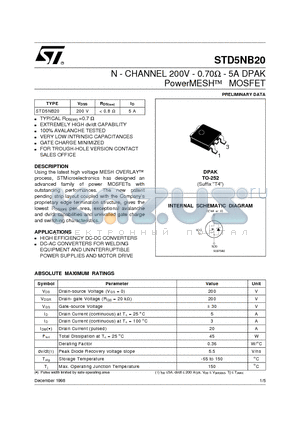 STD5NB20 datasheet - N - CHANNEL 200V - 0.70ohm - 5A DPAK PowerMESHO MOSFET