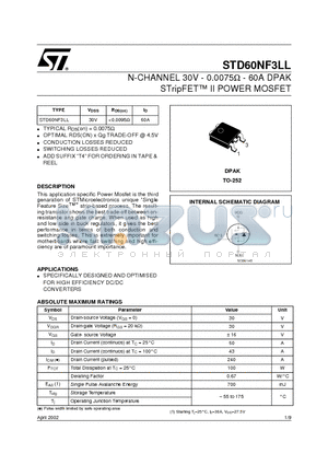 STD60NF3LL datasheet - N-CHANNEL 30V - 0.0075ohm - 60A DPAK STripFET II POWER MOSFET