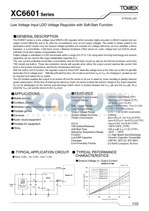 XC6601A07BER-G datasheet - Low Voltage Input LDO Voltage Regulator with Soft-Start Function