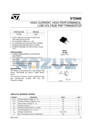 STD888 datasheet - HIGH CURRENT, HIGH PERFORMANCE, LOW VOLTAGE PNP TRANSISTOR