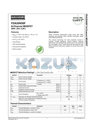 FDA20N50F datasheet - N-Channel MOSFET 500V, 22A, 0.26Y