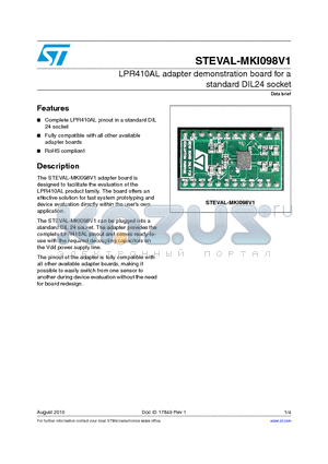 STEVAL-MKI098V1 datasheet - LPR410AL adapter demonstration board for a standard DIL24 socket