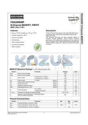 FDA24N40F datasheet - N-Channel MOSFET, FRFET 400V, 23A, 0.19Y