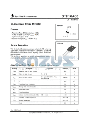 STF16A60 datasheet - Bi-Directional Triode Thyristor