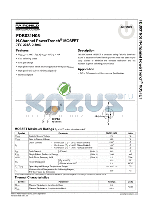 FDB031N08 datasheet - N-Channel PowerTrench^ MOSFET 75V, 235A, 3.1mY