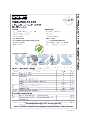 FDB14AN06L_F085 datasheet - N-Channel PowerTrench^ MOSFET 60V, 60A, 14.6mW