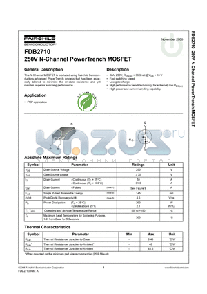 FDB2710 datasheet - 250V N-Channel PowerTrench MOSFET
