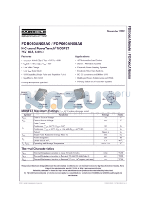 FDB060AN08A0 datasheet - N-Channel PowerTrench MOSFET  75V, 80A, 6.0m