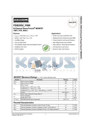 FDB2552_F085 datasheet - N-Channel PowerTrench^ MOSFET 150V, 37A, 36mY