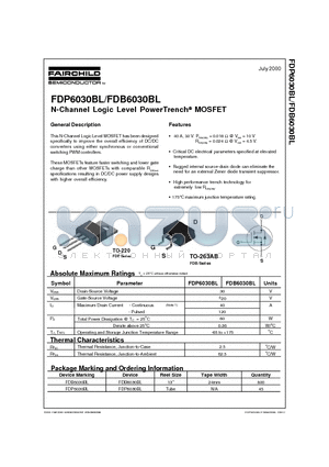 FDB6030 datasheet - N-Channel Logic Level PowerTrench MOSFET