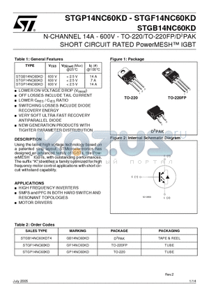 STGB14NC60KD datasheet - N-CHANNEL 14A - 600V - TO-220/TO-220FP/D2PAK SHORT CIRCUIT RATED PowerMESH IGBT