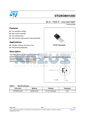 STGW38IH120D datasheet - 30 A - 1200 V - very fast IGBT