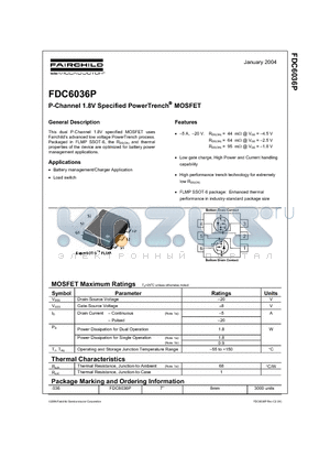 FDC6036P datasheet - P-Channel 1.8V Specified PowerTrench MOSFET