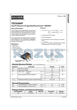 FDC6306P datasheet - Dual P-Channel 2.5V Specified PowerTrench MOSFET