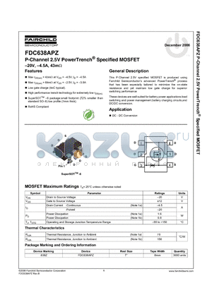 FDC638APZ datasheet - P-Channel 2.5V PowerTrench Specified MOSFET -20V, -4.5A, 43mohm