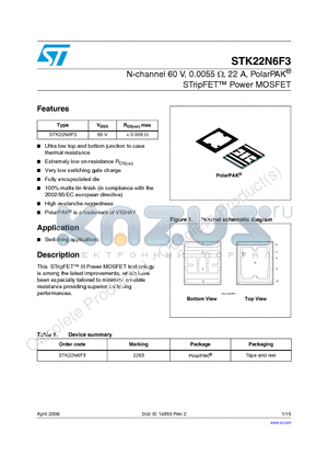 STK22N6F3 datasheet - N-channel 60 V, 0.0055 OHM, 22 A, PolarPAK STripFET Power MOSFET
