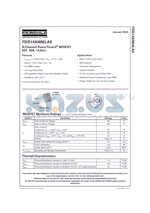 FDD14AN06LA0 datasheet - N-Channel PowerTrench  MOSFET 60V, 50A, 14.6mohm