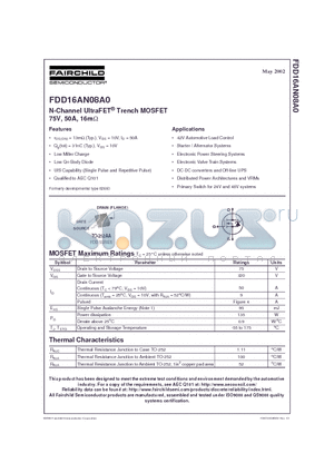 FDD16AN08A0 datasheet - N-Channel UltraFET Trench MOSFET 75V, 50A, 16m