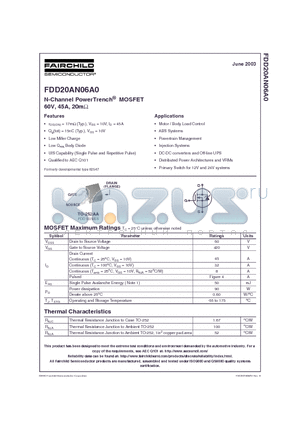 FDD20AN06A0 datasheet - N-Channel PowerTrench MOSFET