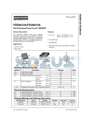 FDD6612 datasheet - N-Channel, Logic Level, PowerTrench MOSFET