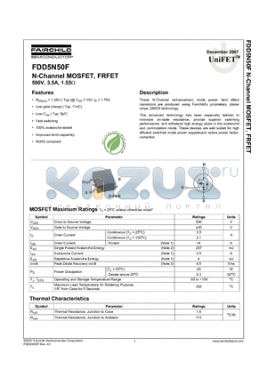 FDD5N50F datasheet - N-Channel MOSFET, FRFET 500V, 3.5A, 1.55Y