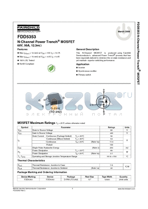 FDD5353 datasheet - N-Channel Power Trench^ MOSFET 60V, 50A, 12.3mY