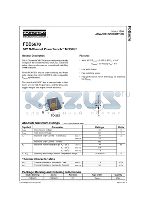FDD5670 datasheet - 60V N-Channel PowerTrenchTM MOSFET