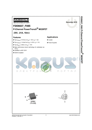 FDD6637_10 datasheet - P-Channel PowerTrench^ MOSFET -35V, -21A, 18mY