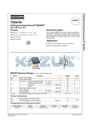 FDD6796 datasheet - N-Channel PowerTrench^ MOSFET 25 V, 40 A, 5.7 mY