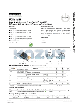 FDD8424H datasheet - Dual N & P-Channel PowerTrench^ MOSFET