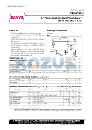STK4038II datasheet - AF Power Amplifier (Split Power Supply) (60 W min, THD = 0.4%)