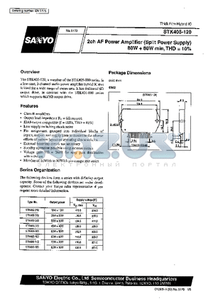 STK405-050 datasheet - 2ch AF Power Amplifier (Split Power Supply) 80W  80W min, THD =10%