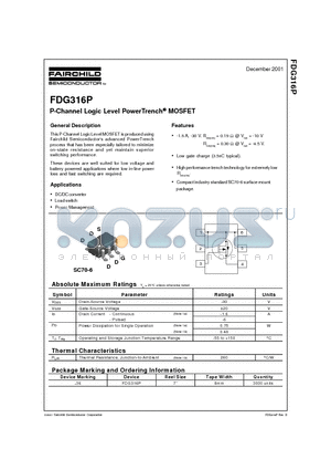 FDG316P datasheet - P-Channel Logic Level PowerTrench MOSFET