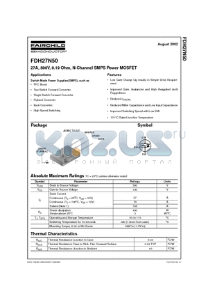FDH27N50 datasheet - 27A, 500V, 0.19 Ohm, N-Channel SMPS Power MOSFET