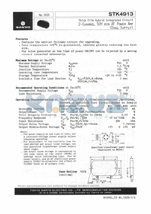 STK4913 datasheet - Thick Film Hybid Circuit 2-Channel 50W Min AF Power Amp(Dual-Supply)