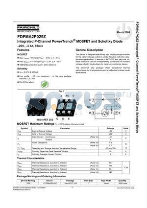 FDFMA2P029Z datasheet - Integrated P-Channel PowerTrench^ MOSFET and Schottky Diode .20V, .3.1A, 95m