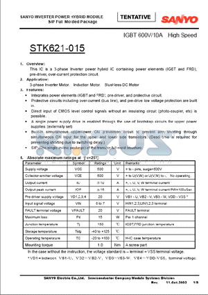 STK621-015 datasheet - SANYO INVERTER POWER HYBRID MODULE SIP Full Molded Package